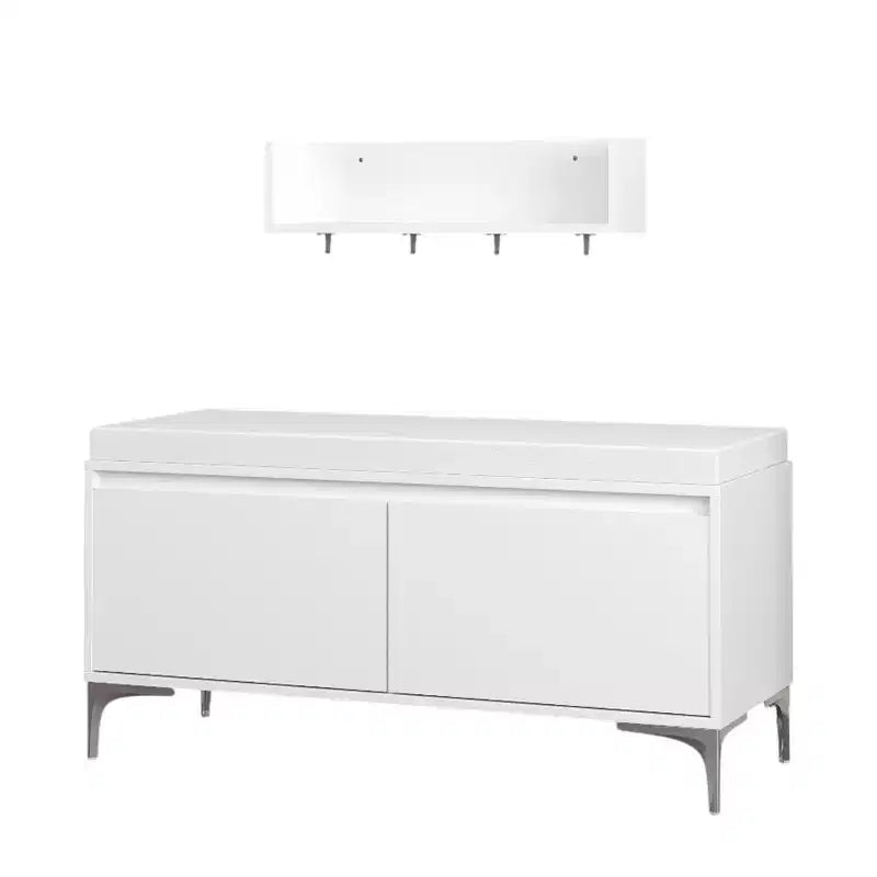 Set mobile da ingresso a parete FurnitureR con ganci e panca contenitore, scarpiera moderna bianca con cuscino, Bianco Sporco