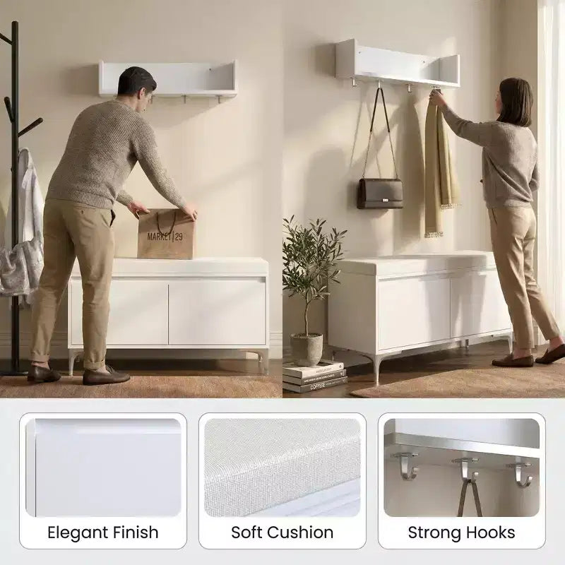 Set mobile da ingresso a parete FurnitureR con ganci e panca contenitore, scarpiera moderna bianca con cuscino, Bianco Sporco