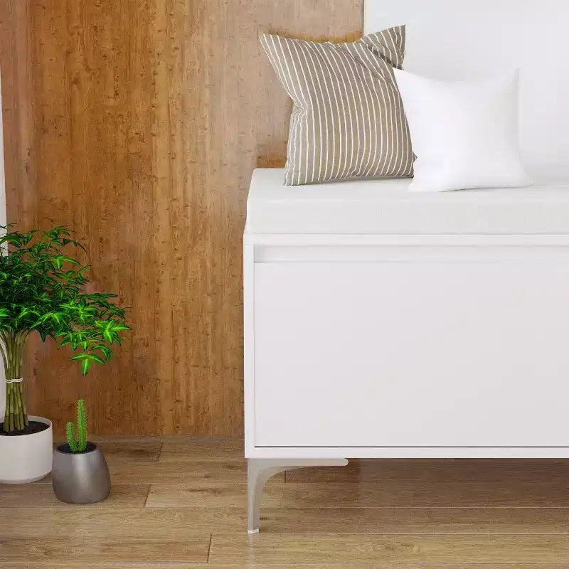 Set mobile da ingresso a parete FurnitureR con ganci e panca contenitore, scarpiera moderna bianca con cuscino, Bianco Sporco