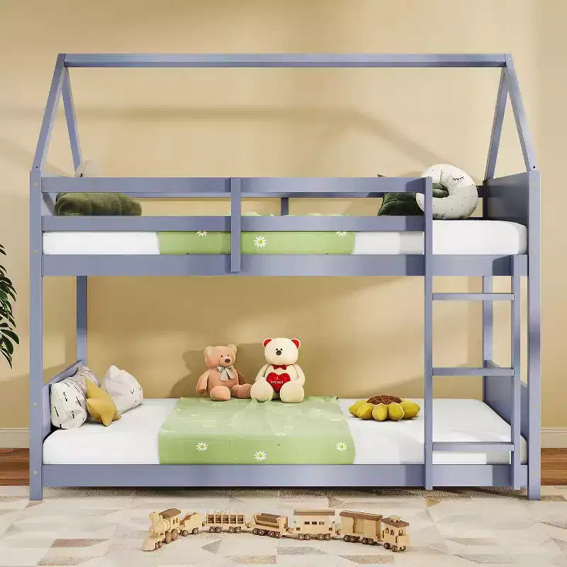 Zevemomo Twin Over Twin House Shaped Bunk Bed Frame with Ladder, Full-Length Bed Rail, Slats for Dormitory and Bedroom, Space Saving, Grey