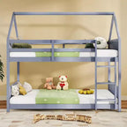 Zevemomo Twin Over Twin House Shaped Bunk Bed Frame with Ladder, Full-Length Bed Rail, Slats for Dormitory and Bedroom, Space Saving, Grey