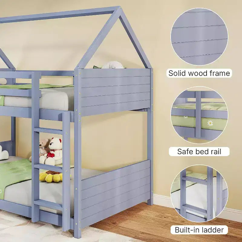 Struttura a castello Zevemomo a forma di casetta con scaletta, sponde di sicurezza su tutta la lunghezza, doghe per dormitorio e camera da letto, salvaspazio, grigio