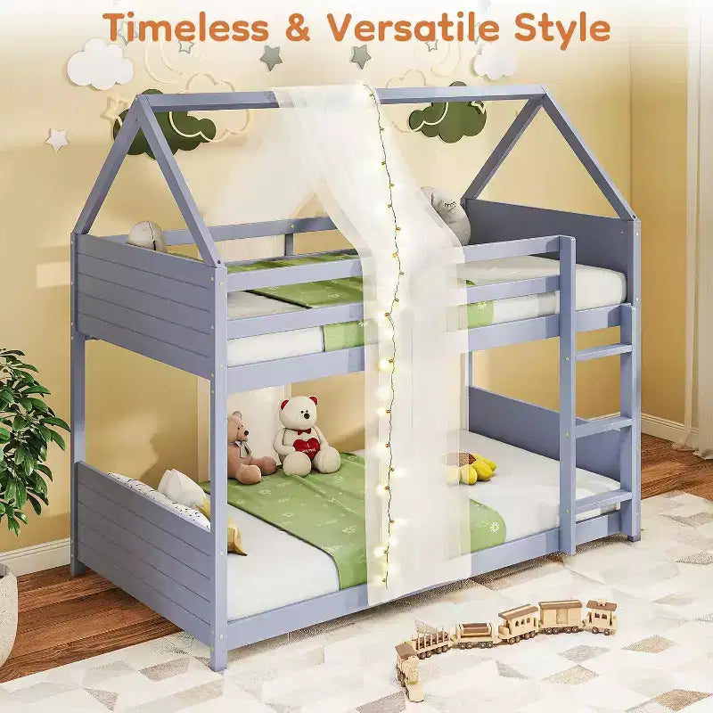 Struttura a castello Zevemomo a forma di casetta con scaletta, sponde di sicurezza su tutta la lunghezza, doghe per dormitorio e camera da letto, salvaspazio, grigio