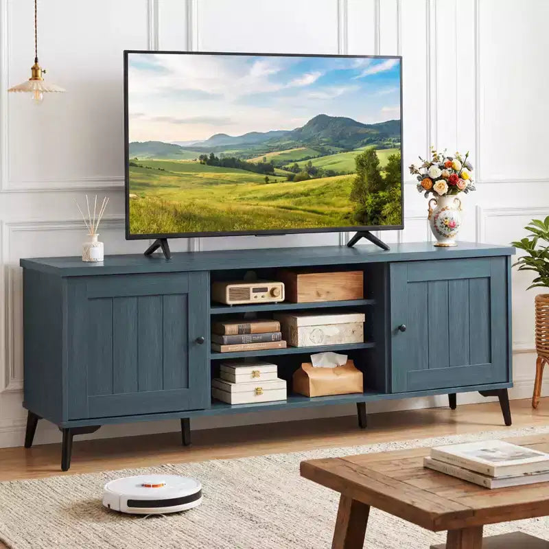 Mobile Porta TV Costway a 2 Ante per TV fino a 65 pollici con 2 Armadietti e 4 Ripiani Regolabili Turchese/Marrone