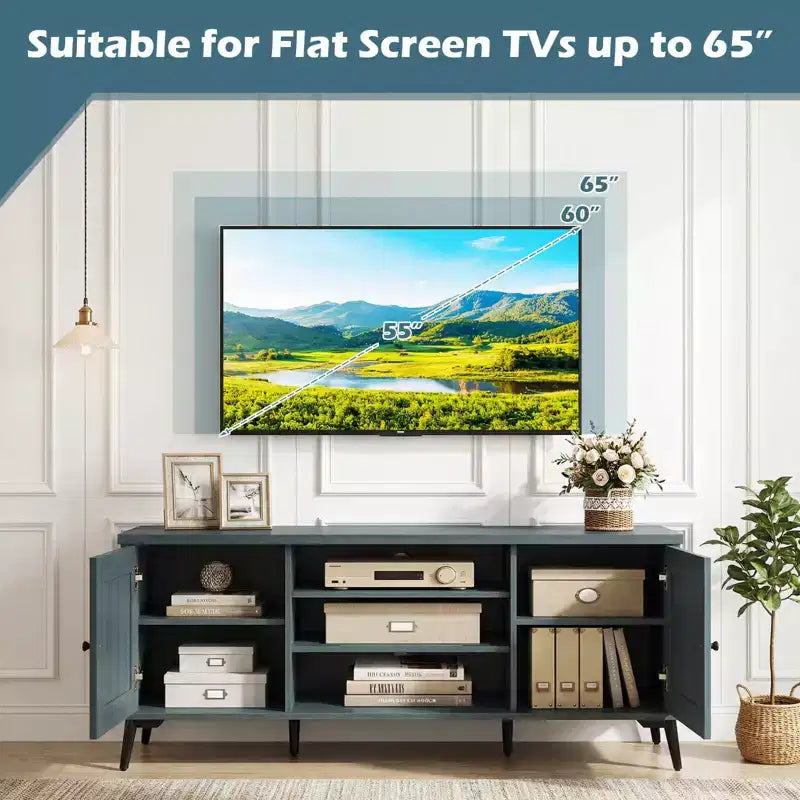 Mobile Porta TV Costway a 2 Ante per TV fino a 65 pollici con 2 Armadietti e 4 Ripiani Regolabili Turchese/Marrone