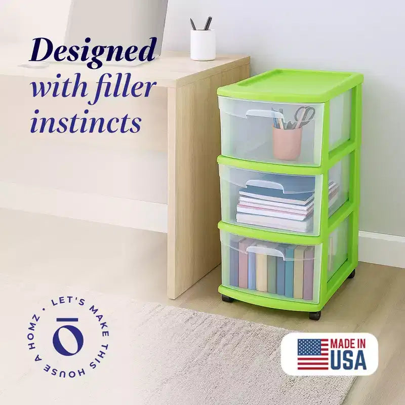 HOMZ Organizer a 3 cassetti con ruote rimovibili, medio, telaio viola