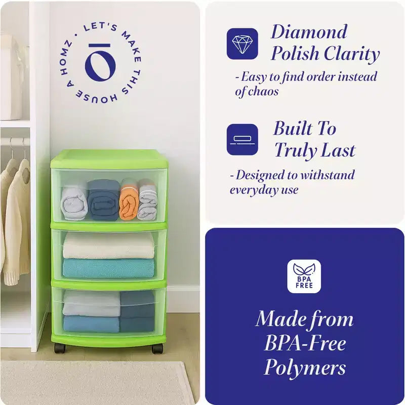 HOMZ Organizer a 3 cassetti con ruote rimovibili, medio, telaio viola