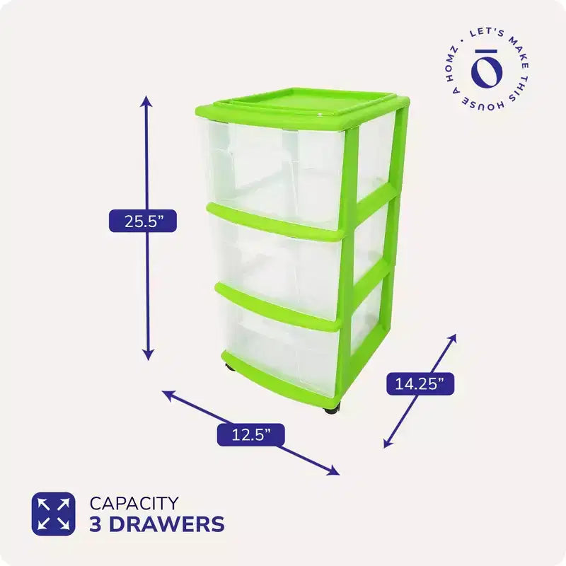 HOMZ Organizer a 3 cassetti con ruote rimovibili, medio, telaio viola