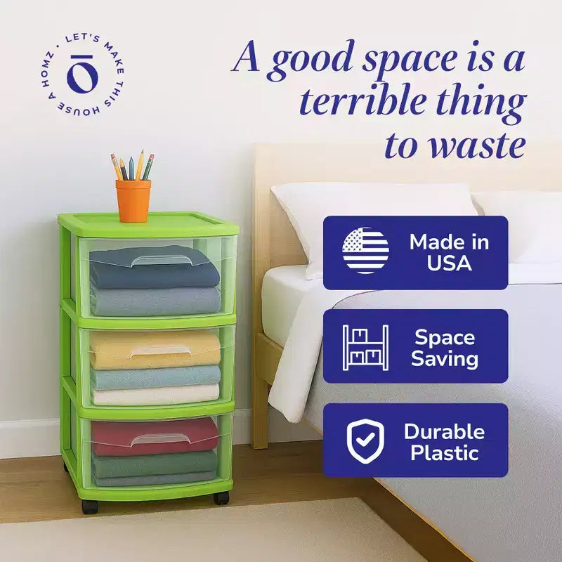 HOMZ Organizer a 3 cassetti con ruote rimovibili, medio, telaio viola