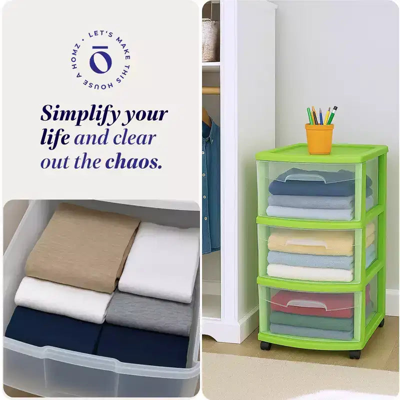 HOMZ Organizer a 3 cassetti con ruote rimovibili, medio, telaio viola
