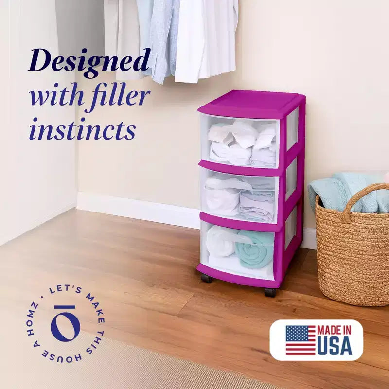 HOMZ Organizer a 3 cassetti con ruote rimovibili, medio, telaio viola