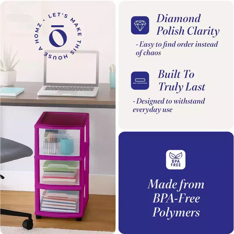 HOMZ Organizer a 3 cassetti con ruote rimovibili, medio, telaio viola