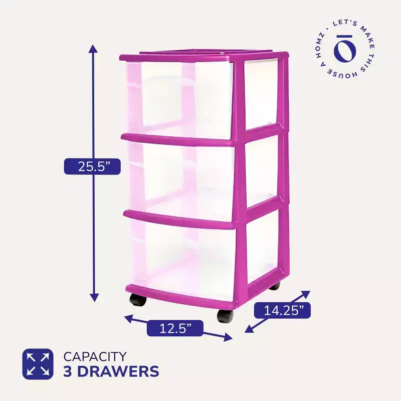 HOMZ Organizer a 3 cassetti con ruote rimovibili, medio, telaio viola
