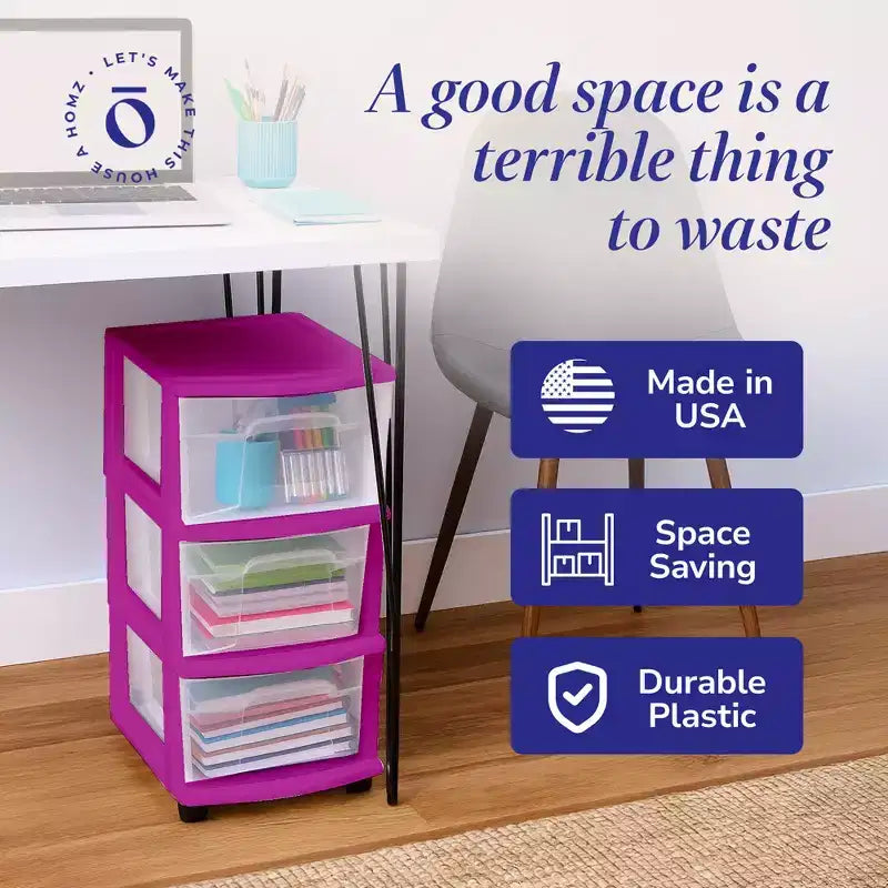 HOMZ Organizer a 3 cassetti con ruote rimovibili, medio, telaio viola