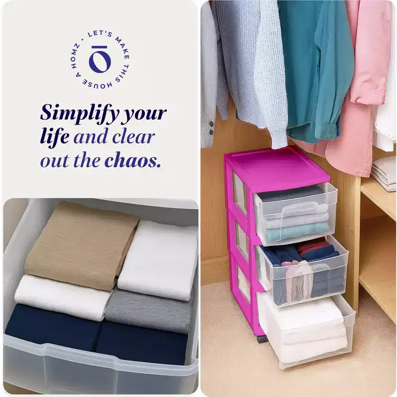 HOMZ Organizer a 3 cassetti con ruote rimovibili, medio, telaio viola