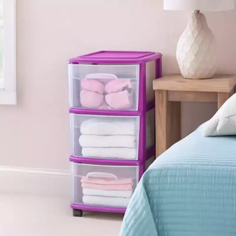 HOMZ Organizer a 3 cassetti con ruote rimovibili, medio, telaio viola