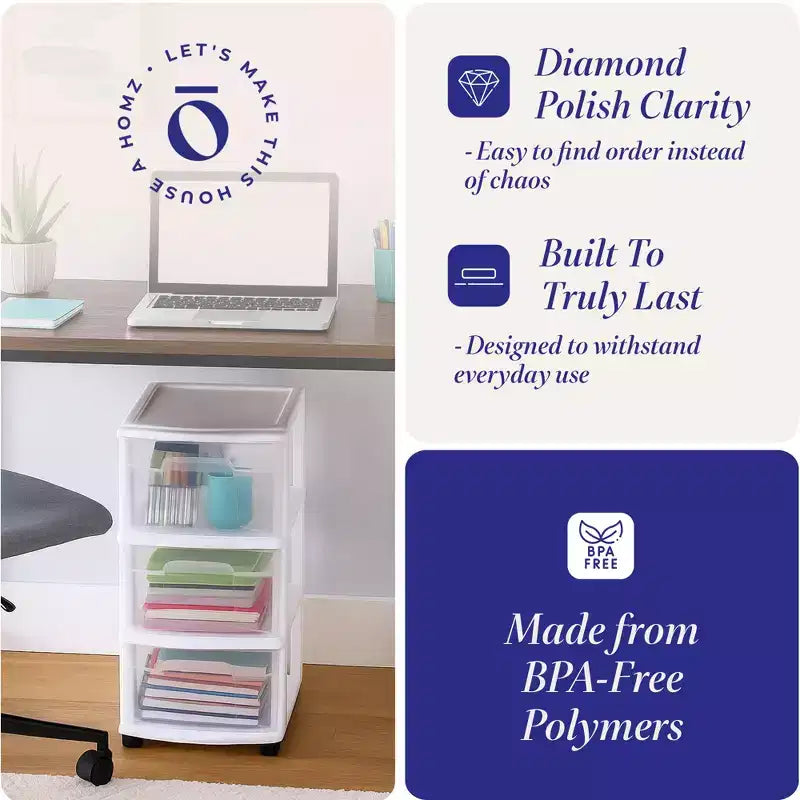 HOMZ Organizer a 3 cassetti con ruote rimovibili, medio, telaio viola