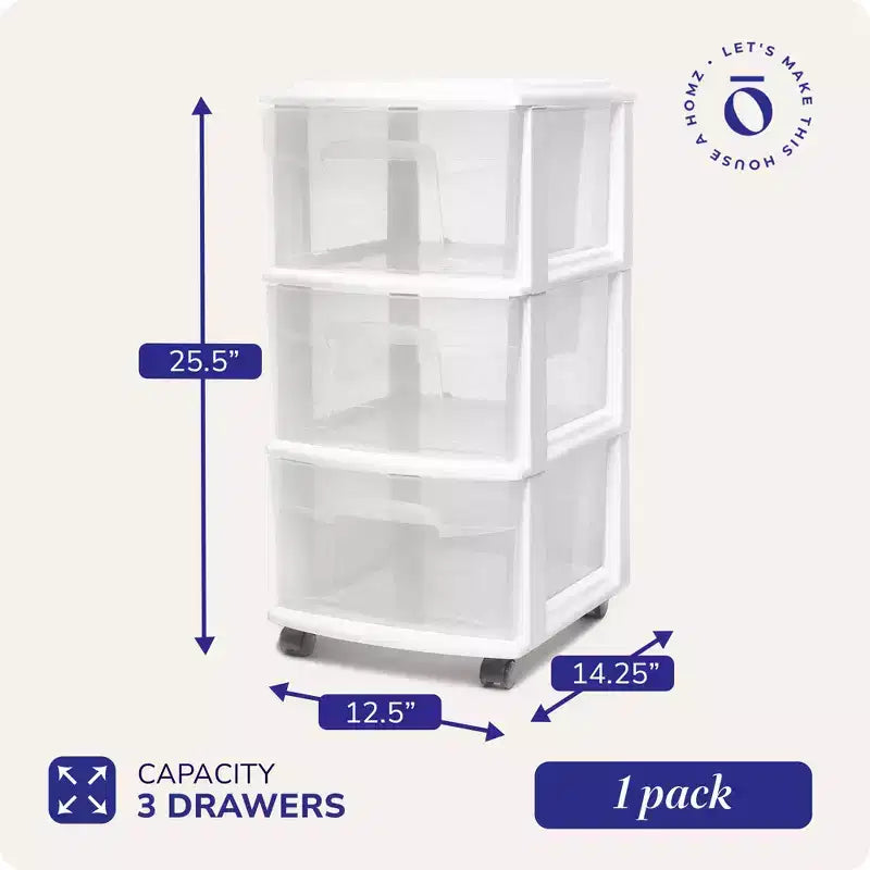 HOMZ Organizer a 3 cassetti con ruote rimovibili, medio, telaio viola