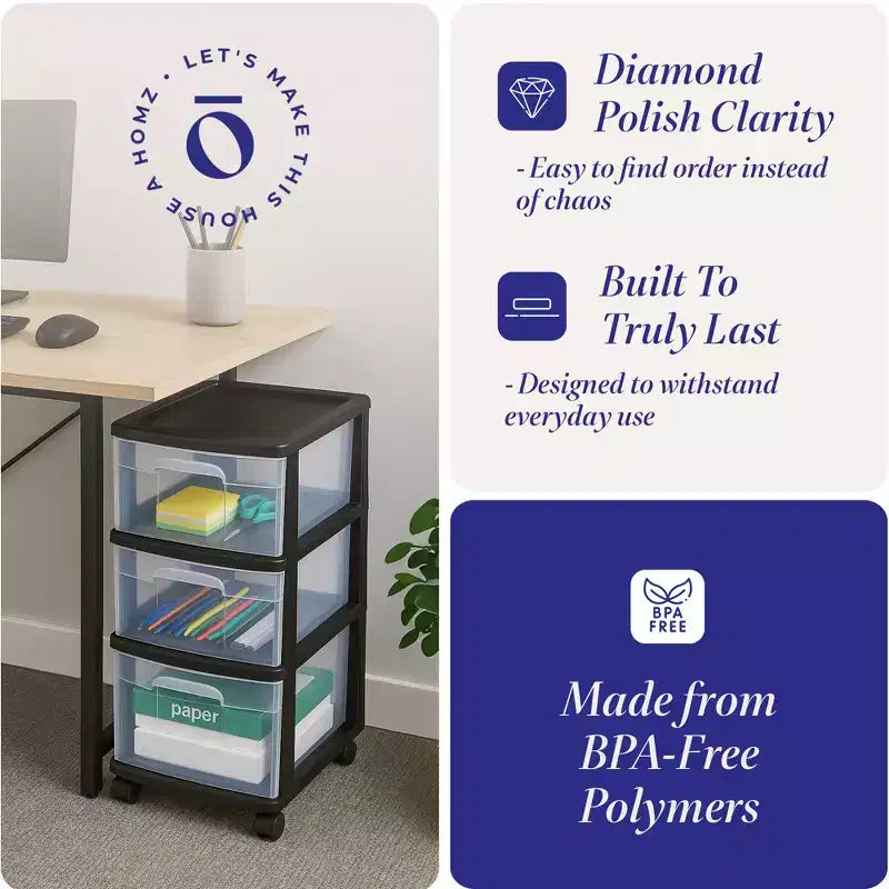 HOMZ Organizer a 3 cassetti con ruote rimovibili, medio, telaio viola