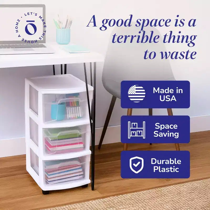 HOMZ Organizer a 3 cassetti con ruote rimovibili, medio, telaio viola