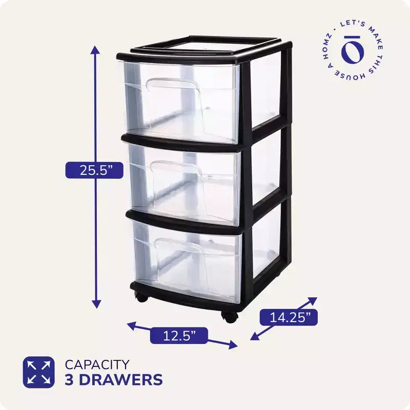 HOMZ Organizer a 3 cassetti con ruote rimovibili, medio, telaio viola
