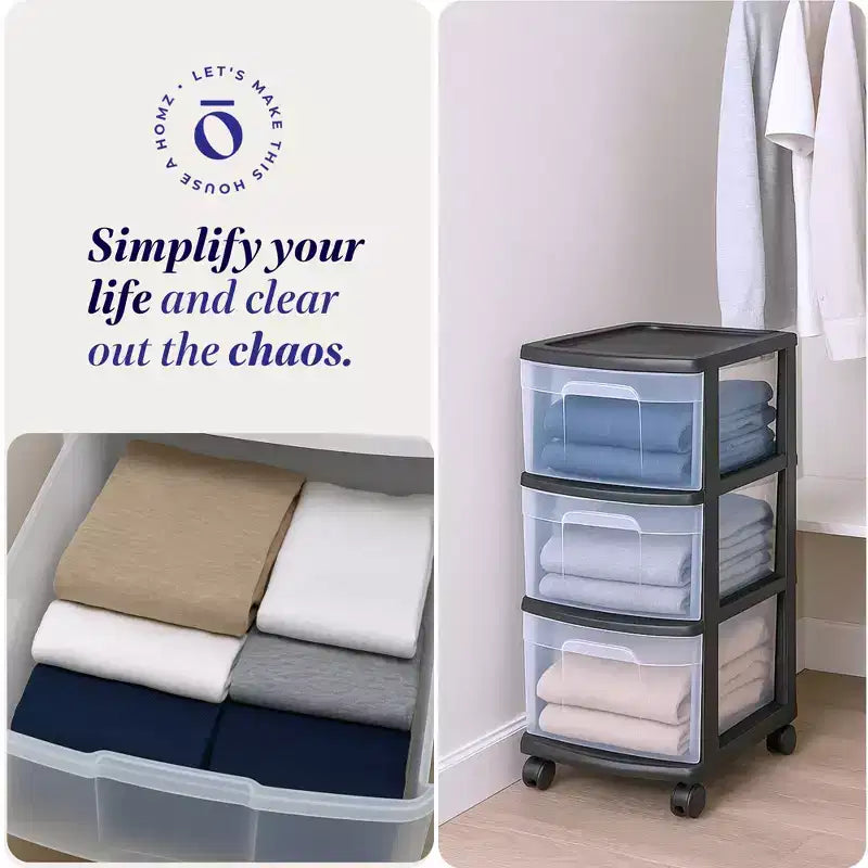 HOMZ Organizer a 3 cassetti con ruote rimovibili, medio, telaio viola