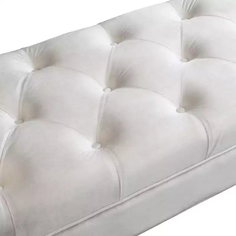 Panca Whisen in fondo al letto, Pouf contenitore, Panca da ingresso in velluto trapuntato, braccioli arrotolati, 2 cuscini rimovibili, gambe in rovere massiccio, facile montaggio