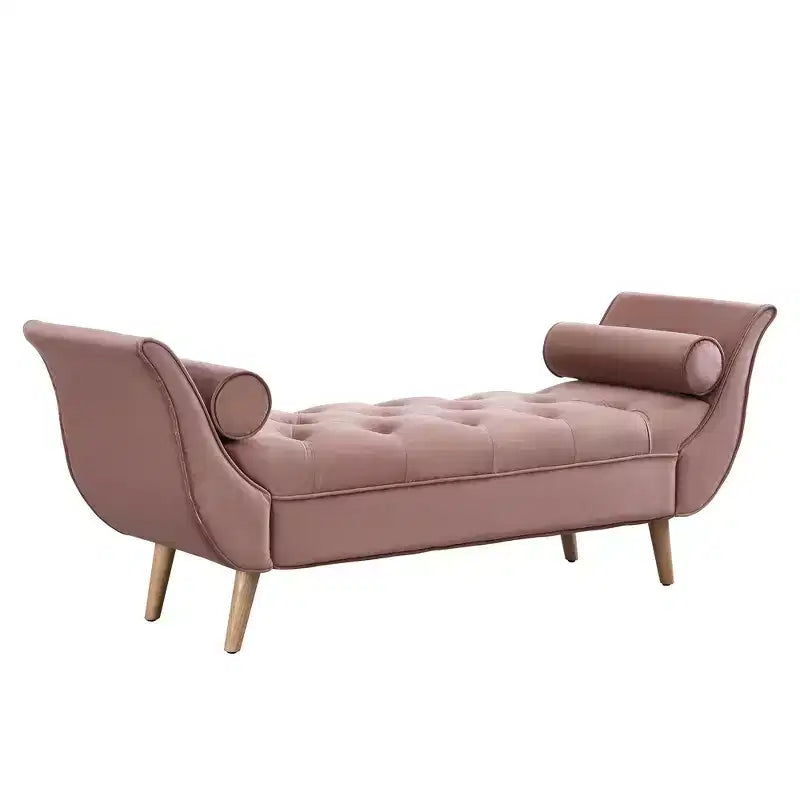 Panca Whisen in fondo al letto, Pouf contenitore, Panca da ingresso in velluto trapuntato, braccioli arrotolati, 2 cuscini rimovibili, gambe in rovere massiccio, facile montaggio