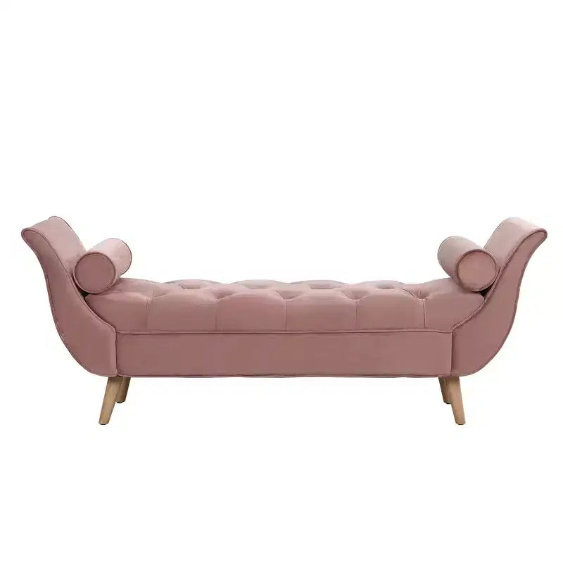 Panca Whisen in fondo al letto, Pouf contenitore, Panca da ingresso in velluto trapuntato, braccioli arrotolati, 2 cuscini rimovibili, gambe in rovere massiccio, facile montaggio