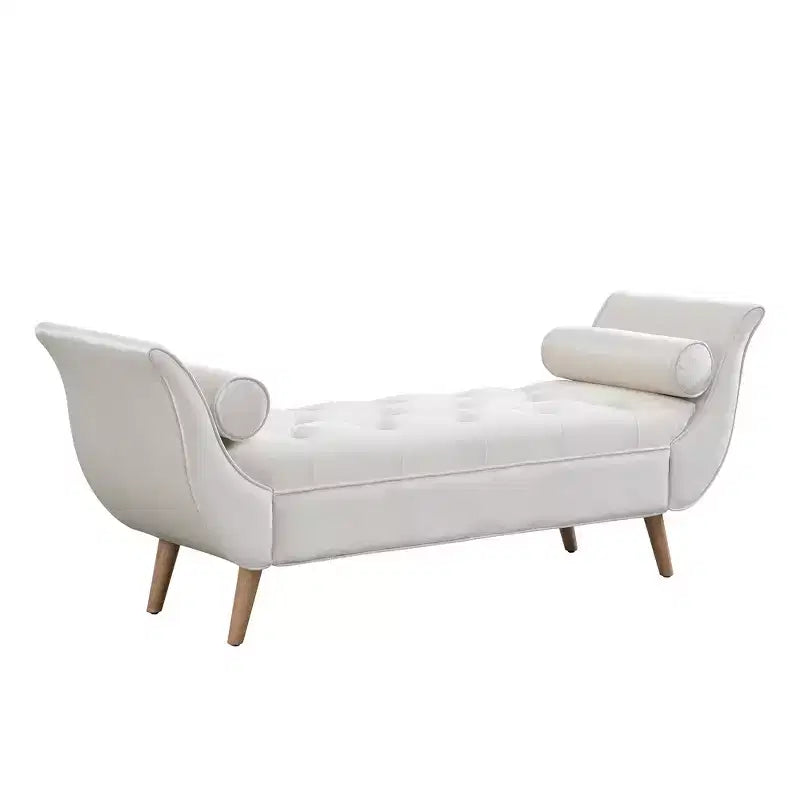Panca Whisen in fondo al letto, Pouf contenitore, Panca da ingresso in velluto trapuntato, braccioli arrotolati, 2 cuscini rimovibili, gambe in rovere massiccio, facile montaggio