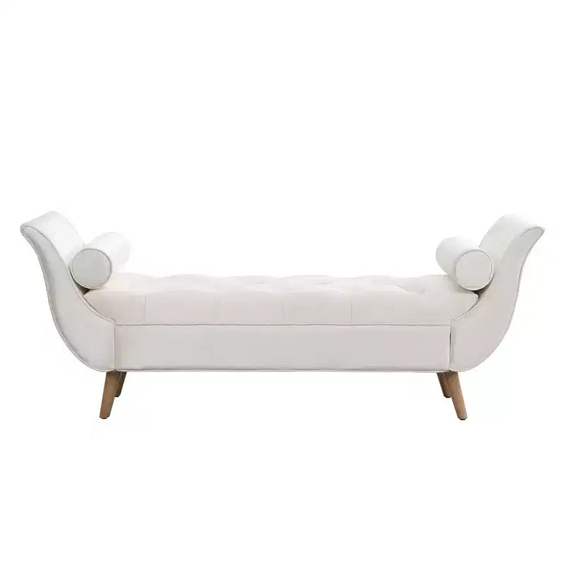 Panca Whisen in fondo al letto, Pouf contenitore, Panca da ingresso in velluto trapuntato, braccioli arrotolati, 2 cuscini rimovibili, gambe in rovere massiccio, facile montaggio