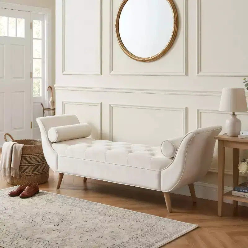 Whisen End of Bed Bench, Storage Ottoman, Entryway Bench with Tufted Velvet, Rolled Arms, 2 Detachable Pillows, Solid Oak Legs, Easy Assembly