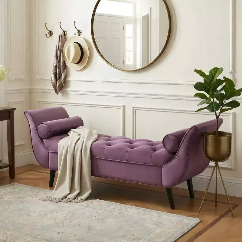 Panca Whisen in fondo al letto, Pouf contenitore, Panca da ingresso in velluto trapuntato, braccioli arrotolati, 2 cuscini rimovibili, gambe in rovere massiccio, facile montaggio