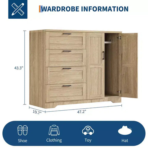 Guardaroba Armadio in Legno H 43.3 con 4 Cassetti e Asta Appendiabiti, Mobile Contenitore Multifunzionale per Camera da Letto