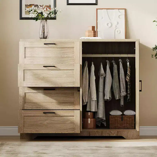 43.3 H Wood Armoire Wardrobe Closet with 4 Drawers & Hanging Rod, Multifunctional Bedroom Clothing Storage Cabinet Dresser