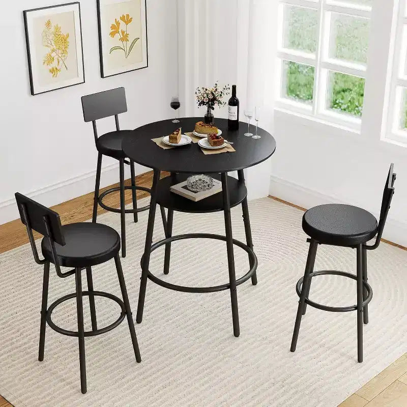 Zevemomo 4 Pieces 28.9 Round Bar Table Set with 3 Thickened Cushion Stools with Backrest for Small Space, Bistro, Black