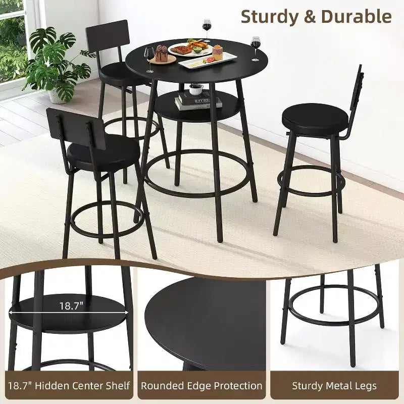 Zevemomo Set da 4 Pezzi Tavolo da Bar Rotondo da 73,4 cm con 3 Sgabelli Imbottiti Spessi con Schienale per Piccoli Spazi, Bistrò, Nero