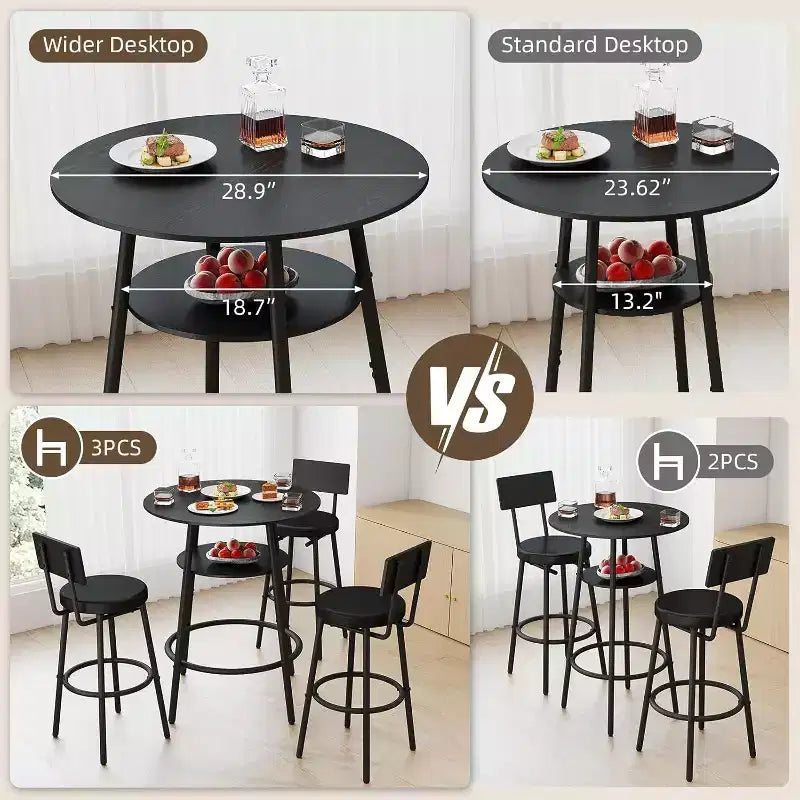 Zevemomo Set da 4 Pezzi Tavolo da Bar Rotondo da 73,4 cm con 3 Sgabelli Imbottiti Spessi con Schienale per Piccoli Spazi, Bistrò, Nero