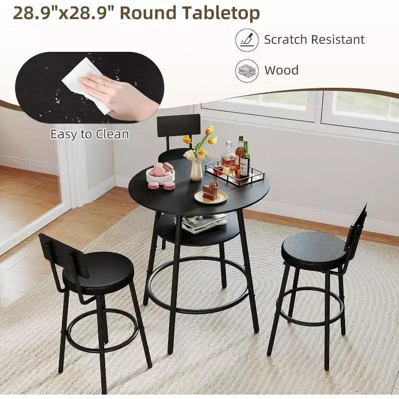 Zevemomo Set da 4 Pezzi Tavolo da Bar Rotondo da 73,4 cm con 3 Sgabelli Imbottiti Spessi con Schienale per Piccoli Spazi, Bistrò, Nero