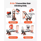 VEVOR Carrello Saliscale Convertibile Industriale 3 in 1, Capacità Massima 350 kg, Carrello Pieghevole con Maniglia e Ruote, Nero e Arancione