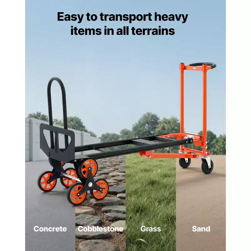 VEVOR Carrello Saliscale Convertibile Industriale 3 in 1, Capacità Massima 350 kg, Carrello Pieghevole con Maniglia e Ruote, Nero e Arancione