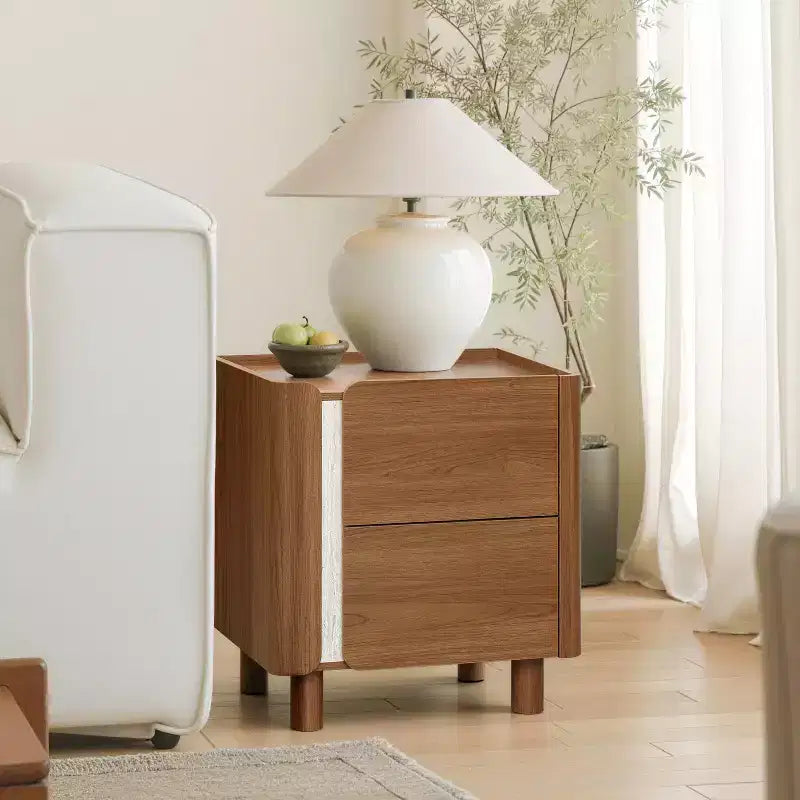 LuxenHome 21.6 Comodino Marrone con 2 Cassetti, Comodino Moderno di Metà Secolo per Camera da Letto, Tavolino da Comodino in Legno per Soggiorno