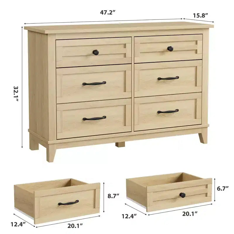 Comodino con 6 cassetti, cassettiera larga 47 pollici, cassettiera indipendente in legno, ampio spazio di archiviazione, per camera da letto, soggiorno