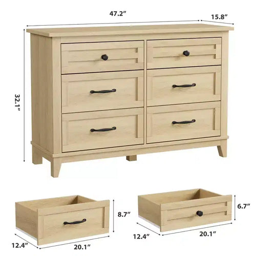 Commode à 6 tiroirs, 47 pouces de large, commode autoportante en bois, grand espace de rangement, pour chambre à coucher, salon