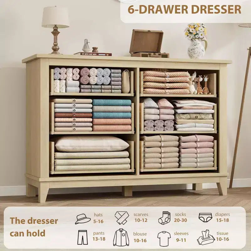 Comodino con 6 cassetti, cassettiera larga 47 pollici, cassettiera indipendente in legno, ampio spazio di archiviazione, per camera da letto, soggiorno