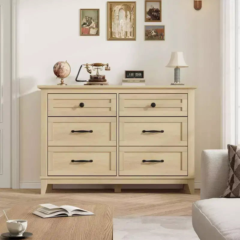 Comodino con 6 cassetti, cassettiera larga 47 pollici, cassettiera indipendente in legno, ampio spazio di archiviazione, per camera da letto, soggiorno