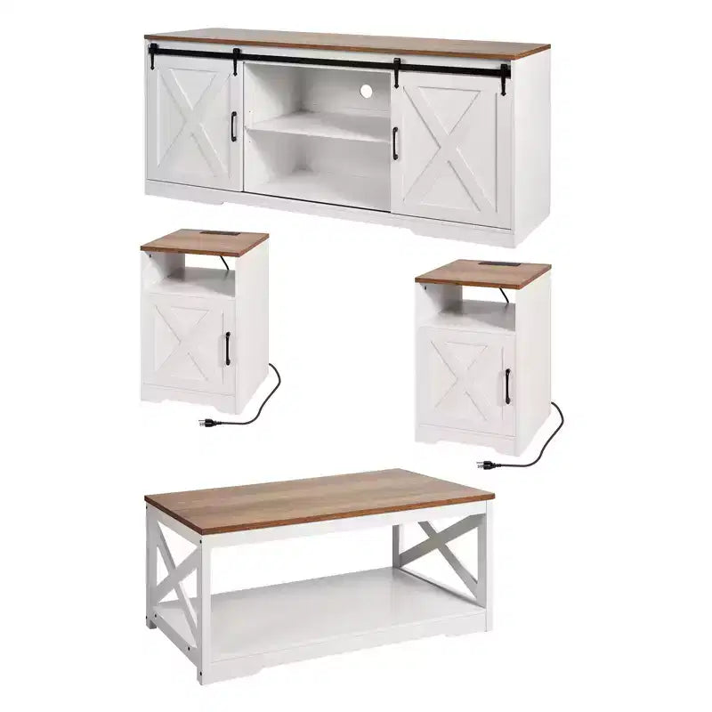 VEVOR 4 Pieces Farmhouse Coffee Table Sets, 40 in Coffee Table with 2 End Tables and 66 in TV Stand, White&Brown