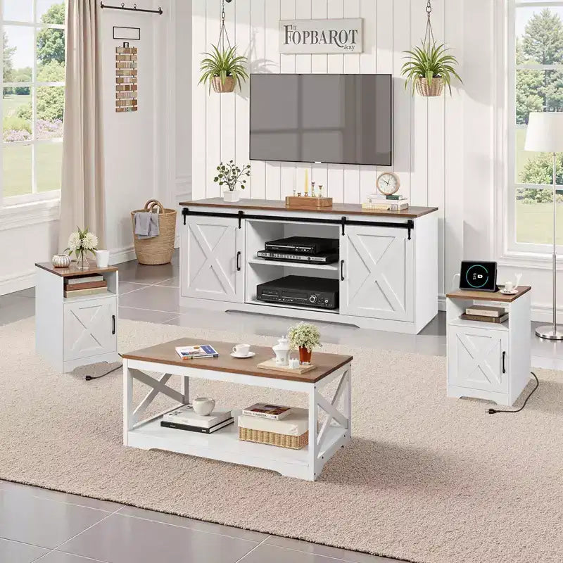 VEVOR Set di 4 Tavoli da Caffè Stile Fattoria, Tavolo da Caffè da 101,6 cm con 2 Tavolini Laterali e Porta TV da 167,6 cm, Bianco e Marrone