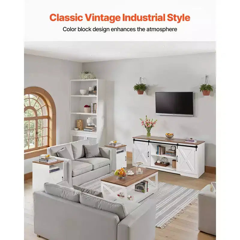 VEVOR Set di 4 Tavoli da Caffè Stile Fattoria, Tavolo da Caffè da 101,6 cm con 2 Tavolini Laterali e Porta TV da 167,6 cm, Bianco e Marrone