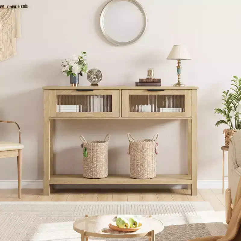 Consolle in Legno per Ingresso, Tavolo da Divano Stretto da 110 cm con 2 Cassetti in Vetro, Ripiano Contenitore in MDF Stile Rustico per Salotto e Foyer
